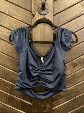 FP Movement by Free People Navy Ruched V-Neck Cropped Top